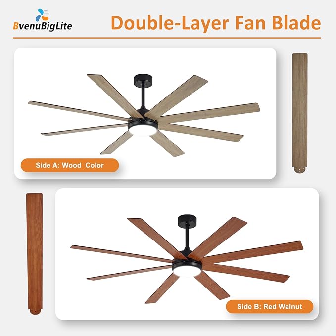 Large Ceiling Fan with Light: 66 Inch Indoor/Outdoor Fan Reversible DC Motor 6 Speed - Dual 8 Blades Big Ceiling Fans with Lights Dimmable 3CCT for Living Room Covered Patio, Wooden