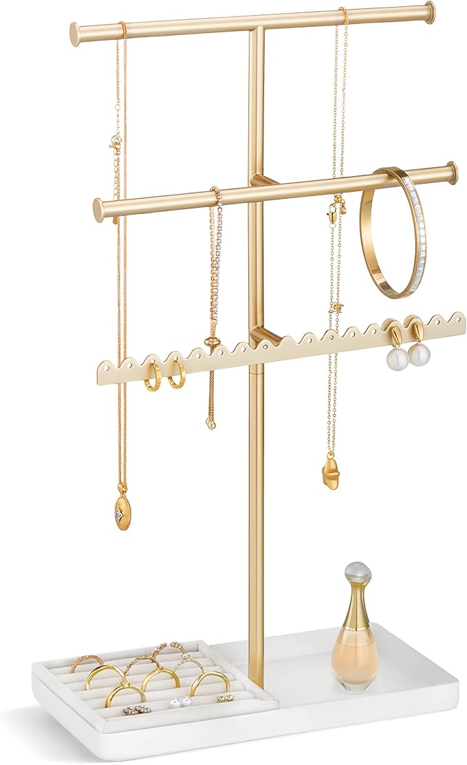 Lolalet 3-Tier Jewelry Organizer Stand, Metal Jewellery Holder, Dresser Display Rack for Necklace Earring Bracelets Rings, Gift for Women Girls -Gold