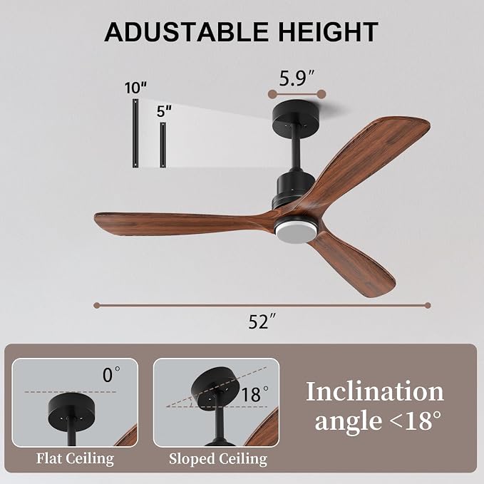Obabala 52 Inch Ceiling Fans with Lights and Remote Control-Outdoor Ceiling Fan Walnut Wood 3 Blade for Bedroom Living Room Indoor Farmhouse Patio, Reversible Noiseless DC Motor