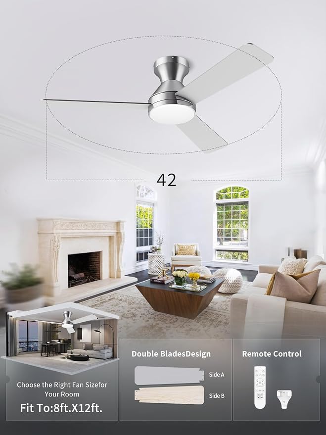 LANMEL Ceiling Fan with Light, Modern Flush Mount Low Profile with Remote Control, Reversible, 3CCT Dimmable, Quiet,LED for Bedroom, Living Room, Indoor/Outdoor Patio Use 42 Inch Silver