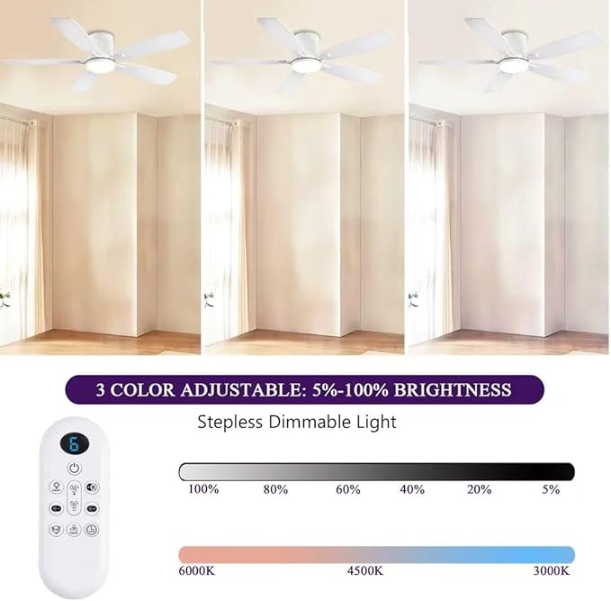 FUMLTP 52inch Flush Mount Ceiling Fans with Lights and Remote/APP Control, Dimmable LED, Reversible DC Motor, Noiseless, Low Profile White Ceiling Fan for Livingroom, Indoor/Outdoor Use