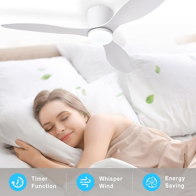 Depuley Flush Mount Ceiling Fan: 52-Inch White Ceiling Fans with Lights for Bedroom Indoor Outdoor - Low Profile Ceiling Fans with Remote Control 24W 3CCT Dimmable 3 Reversible White Blades 6 Speeds