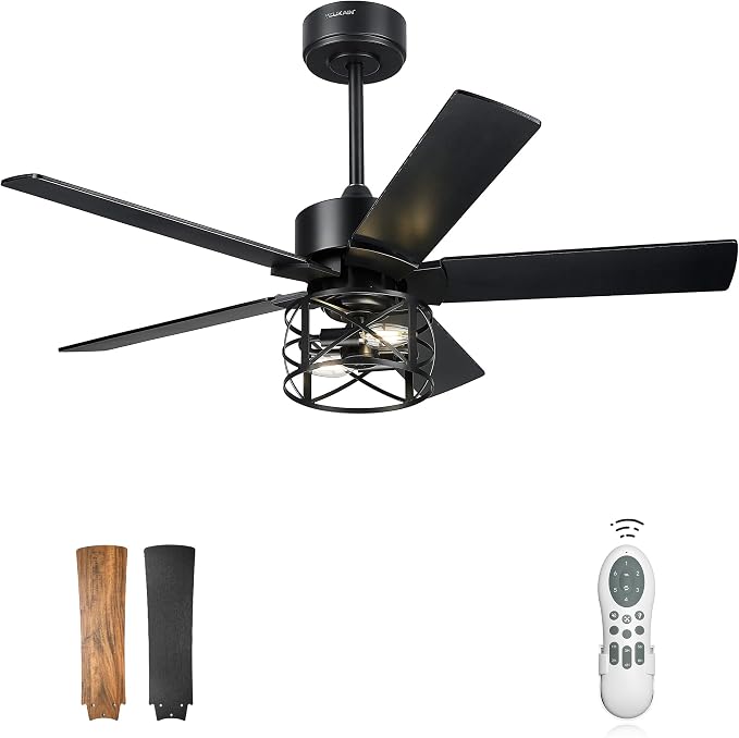 YOUKAIN 42 Inch Ceiling Fan with Lights and Remote, DC Motor 35dB Quiet, Black Farmhouse Ceiling Fan with 5 Reversible Blades for Small Room Bedroom, 42-YJ632-BKW