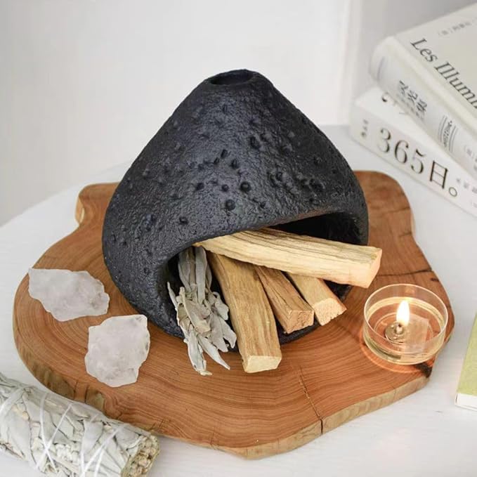sage and palo Santo Chimney Burner Holder Incense Holder, Cone Burner Mini Chiminea Smudge Palo Santo Holder for Home Cleansing Meditation & Manifestation Gift (ONLY Black)