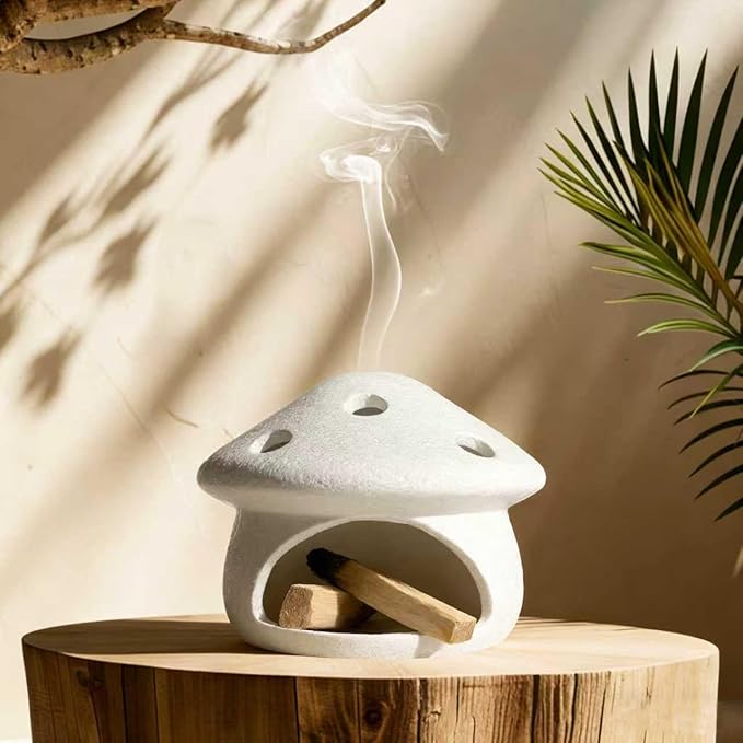 Mushroom Palo Santo Holder Chimney Burner, Ceramic Smudge Bowl for Sage Cones Incense Sticks, Cute Aromatherapy Yoga Meditation Home Decor (White)