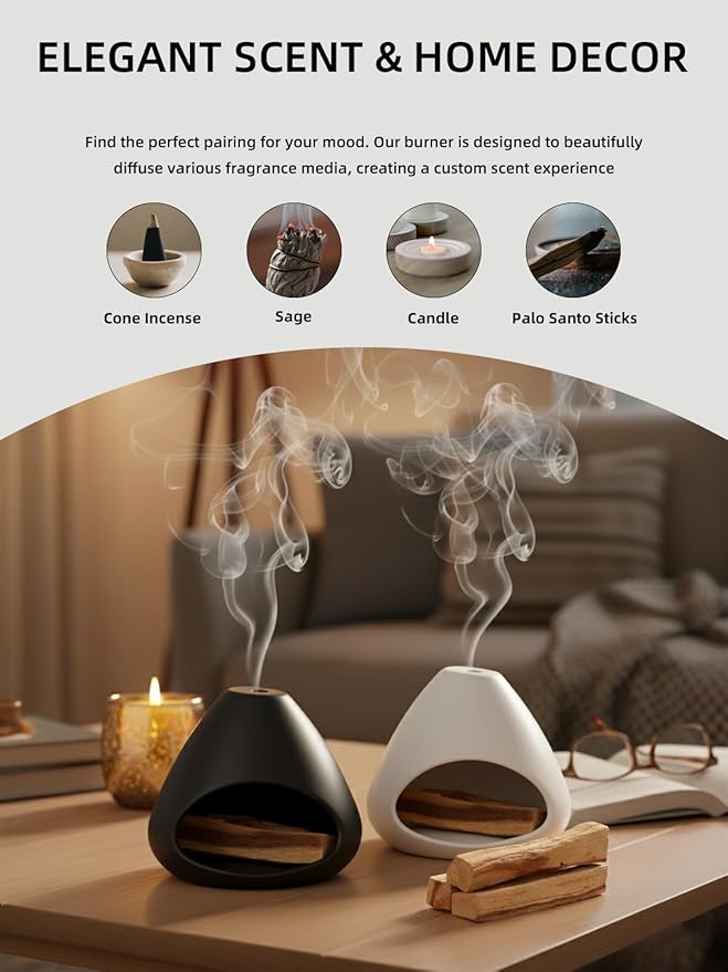 Palo Santo Holder, Modern Incense Burner, Ceramic Smudge Bowl for Yoga, Meditation and Energy Cleansing, Meditation Zen Decor for Home Office (Black)