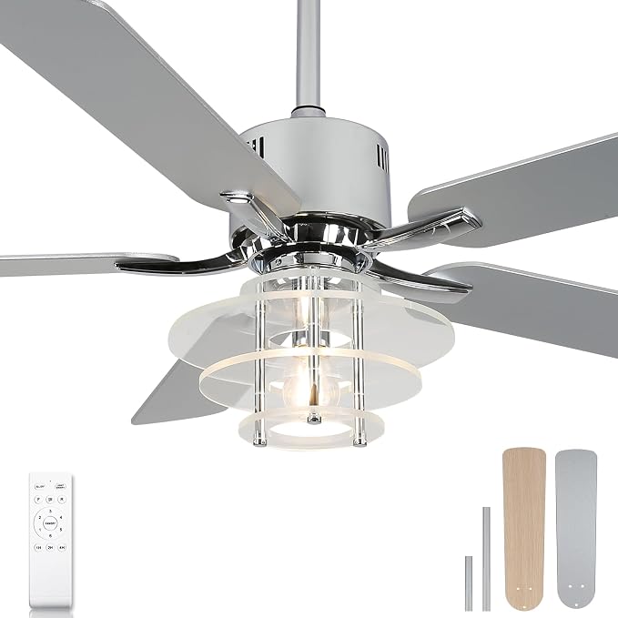 52" Ceiling Fan with Light Modern Chrome Chandelier Fan Reversible DC Motor Quiet Fandelier with 5 Blades for Bedroom, Living Room, Patios, Shop, Ventilador de Techo