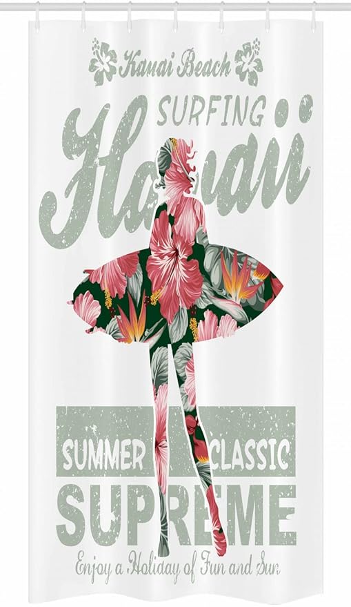 Ambesonne Hawaiian Stall Shower Curtain, Tropical Hawaii Hibiscus Surfing Girl Silhouette Surfboard Retro Themed Artprint, Fabric Bathroom Decor Set with Hooks, 36" W x 72" L, Fuchsia Green
