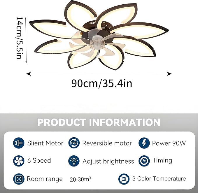 35" Ceiling Fans With Lights and Remote, Low Profile Flush Mount | Ceiling Fan With Light Modern Dimmable 3 Colors 6 Speed Quiet Reversible Motor Timing for Bedroom Living Room Kitchen Black