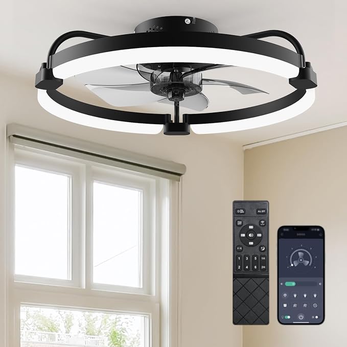 Ensenior Ceiling Fans with Lights and Remote, 20'' Low Profile Ceiling Fan Flush Mount, APP Control, 6 Speed, 3CCT, Quiet Reversible DC Motor, Dimmable Modern Ceiling Fan with Light for Bedroom, Black