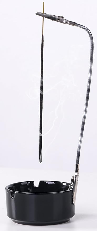 Modern Incense Holder with Flexible Metal Stand, Ceramic Ash Collector Base, Minimalist Design for Home Meditation and Aromatherapy. (Black + Clip)