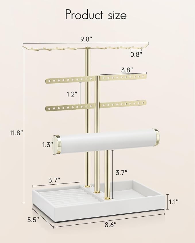 VLANDO 3 Tier Jewelry Stand Organizer with Tary, Leather Jewelry Holder Display for Women, Gold Jewlery Holder Display for Necklace, Earring, Bracelet, Rings - White
