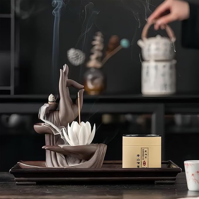 Lotus Hand Backflow Incense Burner– Ceramic Cones Incense Holder Waterfall Incense Burner & Incense Waterfall Fountain for Zen Decor Backflow Incense Cone Burner