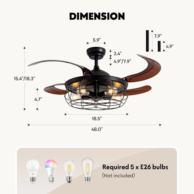 48" Retractable Ceiling Fan with Lights and Remote, Rustic Fandelier Ceiling Fan Black Bladeless Industrial Ceiling Fan for Farmhouse Living Room Dining Room Bedroom Kitchen Garage