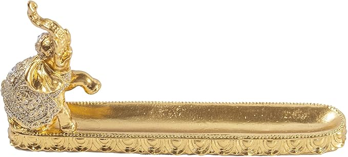 Decorative Gold Elephant Incense Holder Tray, Ornate Design with Trunk Up Figurine, Home Decor Accent Piece