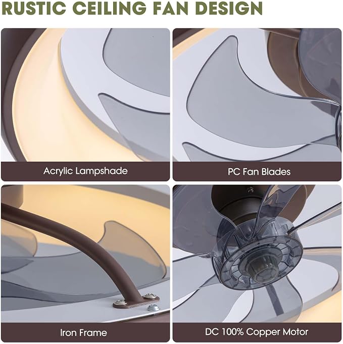 LUDOMIDE Ceiling Fan with Lights and Remote, 20'' Low Profile Flush Mount, 6 Wind Speeds, Modern Dimmable LED, Smart for Bedroom, Kids Room