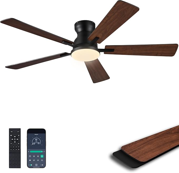 Ayaoty Ceiling Fans with Lights,52 Inch Low Profile Ceiling Fan with Light-Flush Mount Dimmable, Quiet DC Motor for Outdoor Patio,Garage,Bedroom Brown