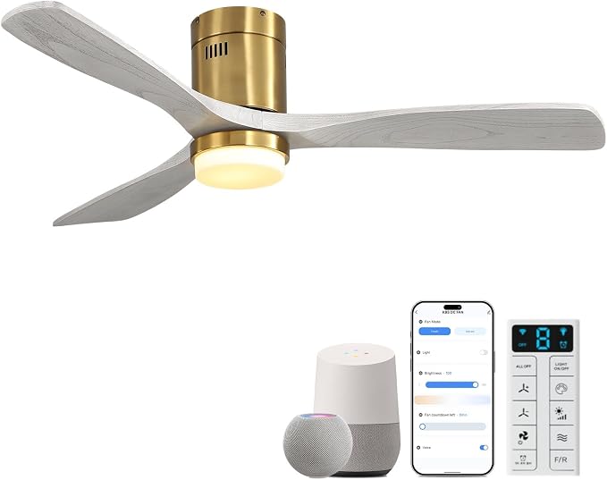 Sofucor 52 Inch Smart Ceiling Fans with Lights-Flush Mount Low Profile Modern Outdoor Solid Wood Ceiling Fans with Alexa/Google Assistant/APP/Remote Control for Bedroom/Farmhouse/Patio, Grey Gold