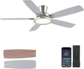 BYKISTOK 52“ Ceiling Fan with Lights and Remote/APP - Flush Mount Low Profile Ceiling Fan Light with 3CCT Dimmable, 6 Speeds Reversible, Modern Fan Light Fixture for Indoor, Covered Patios, Nickel