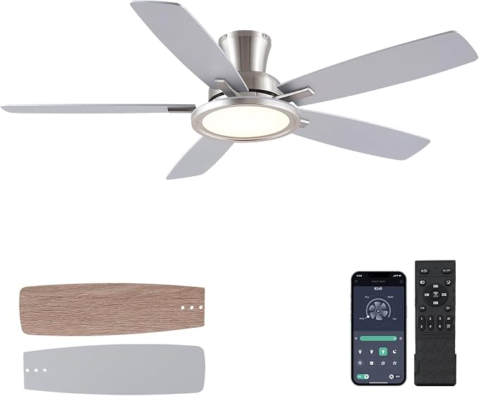 BYKISTOK 52“ Ceiling Fan with Lights and Remote/APP - Flush Mount Low Profile Ceiling Fan Light with 3CCT Dimmable, 6 Speeds Reversible, Modern Fan Light Fixture for Indoor, Covered Patios, Nickel