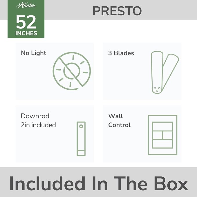 Hunter Presto, Indoor, Ceiling Fan, No Light, Modern, 52 inch, Matte Nickel | SureSpeed high velocity airflow you can feel; no-light design and 3D Interactive Guide support bedrooms and home offices.