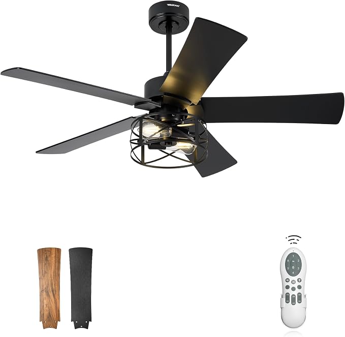 YOUKAIN Ceiling Fans with Lights, 48 Inch Farmhouse Ceiling Fans with Lights and Remote, 5-Reversible Blades with Matte Black/Wooden Finish, 48-YJ632-BKW