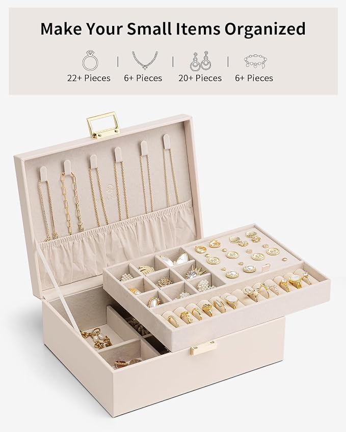 VLANDO 2 Layer Jewelry Box Large Jewelry Organizer for Women Removable Jewelery Tray for Necklace Earrings Rings Bracelets Mothers Gifts for Mom Wife (Light Pink)