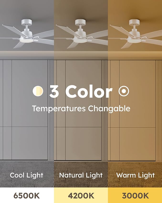 52 Inch White Downrod Ceiling Fans with Lights and Remote | 3CCT Dimmable LED, 6 Speed, Quiet DC Motor, 3-Level Timer Function, Forward/Reserve For all Seasons, Indoor/Covered Outdoor