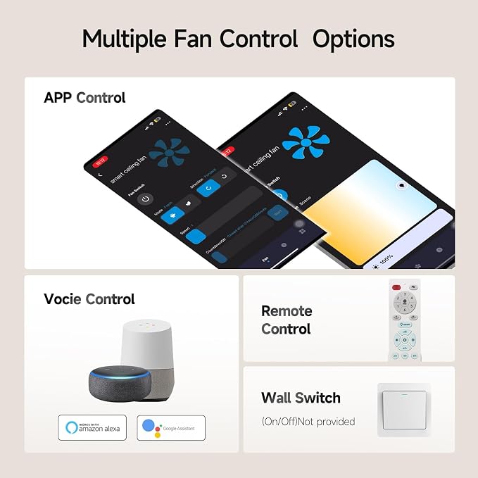 Ceiling Fans With Lights,52 Inch Smart Ceiling Fan, Remote/App Control, Compatible with Alexa/Google Assistant,Reversible,Dimmable,Adjustable Color Temperature,6 Speeds,Timer(White)