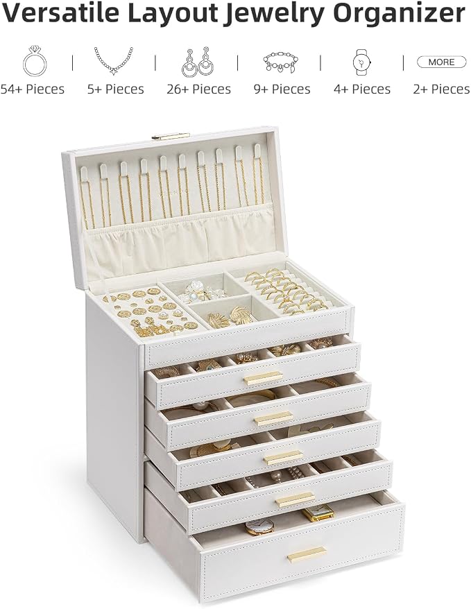 VLANDO 6 Layer Large Jewelry Box - Jewelry Holder Organizer, Jewelry Box Organizer for Drawer Necklace Ring Bracelet and Watch, Birthday Gift for Loved Ones - White