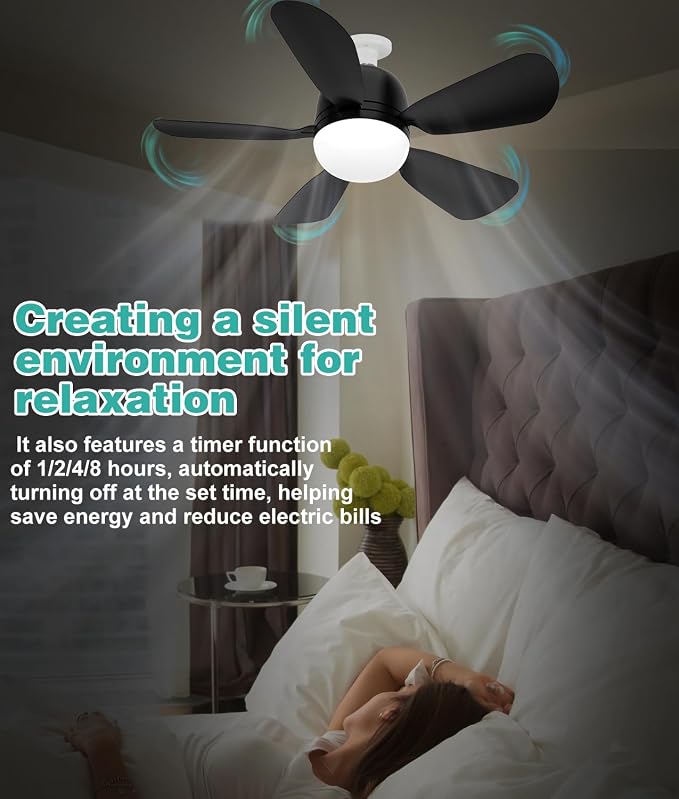 HK Socket Fan Light, 20 Inch Screw Ceiling Fans with Lights, 5 Speed E26/E27 Base Small Ceiling Fan, 3 Colors 3000K-6500K Dimmable Socket Fan with Light for Garage/Bathroom/Bedroom/Kitchen