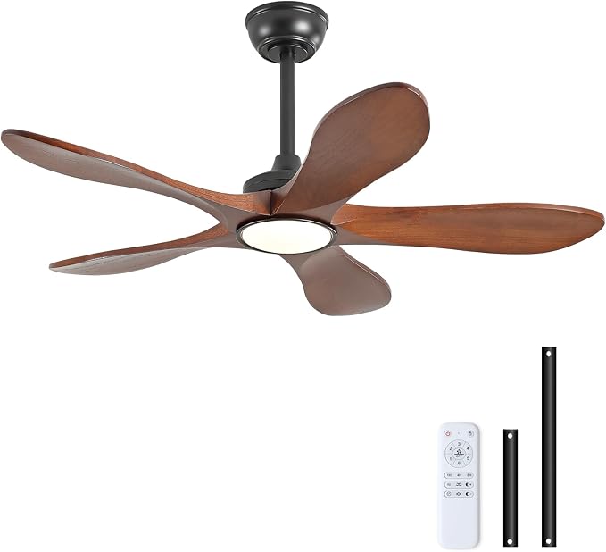 42 Inch Black Ceiling Fans with Lights and Remote Control, Indoor Outdoor Modern Wood Ceiling Fan with Light for Patio Study, Bedroom, 5 Blades, Dimmable, Reversible DC Motor, Memory Function