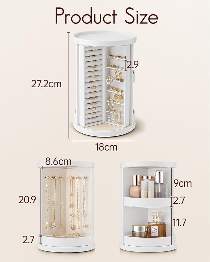 VLANDO 360°Rotating Jewelry Box,Earring Organizer Large Vertical Jewelry Organizer with 6 Necklace Hooks, Open Ring Display Storage for Women -White