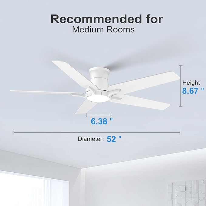 POCHFAN 52 Inch White Ceiling Fans with Lights and Remote, Flush Mount Low Profile Ceiling Fan for Bedroom, Living Room, Patio, Dimmable 6 Speeds Noiseless Reversible, ETL Listed
