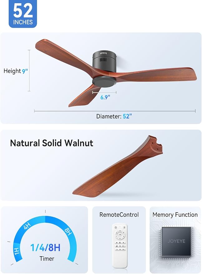 52 Inch Ceiling Fans with Remote no Light, Solid Wood 3 Blade Modern Ceiling Fan, Quiet DC Motor, 6 Speeds, Dimmable LED, Timer, Indoor & Covered Outdoor Living Room, Bedroom, Patio (Darkwood)