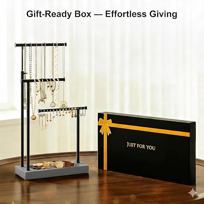 SRIWATANA Weathered Grey & Black Jewelry Organizer, 3-Tier Necklace Stand | Rustic Jewelry Stand with Wood Tray Base; Tangle-Free Storage for Long Necklaces, Earrings with Holes, and Rings
