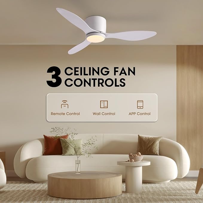 LUDOMIDE Ceiling Fans with Lights,42 Inch Low Profile Ceiling Fan with Wall Control and Remote Control,Dimmable,Flush Mount Ceiling Fan with Noiseless DC Reversible Motor for Bedroom Indoor Use