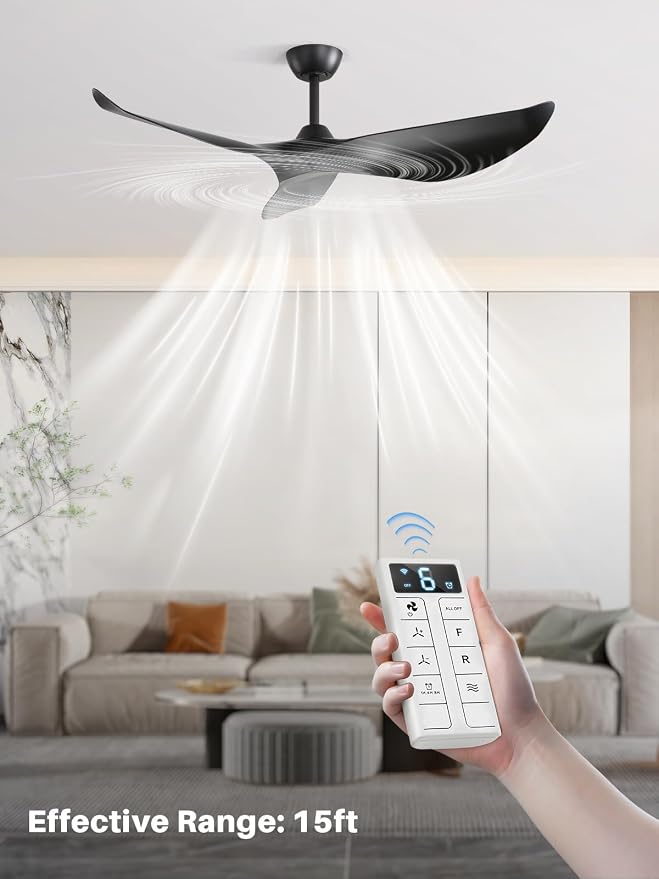 Sofucor 38 Inch Smart Ceiling Fan No Light, Modern Black Ceiling Fan with Remote Control, Quiet Reversible DC Motor, 6-Speed Noiseless Indoor Ceiling Fan for Bedroom Living Room Covered Patio Porch