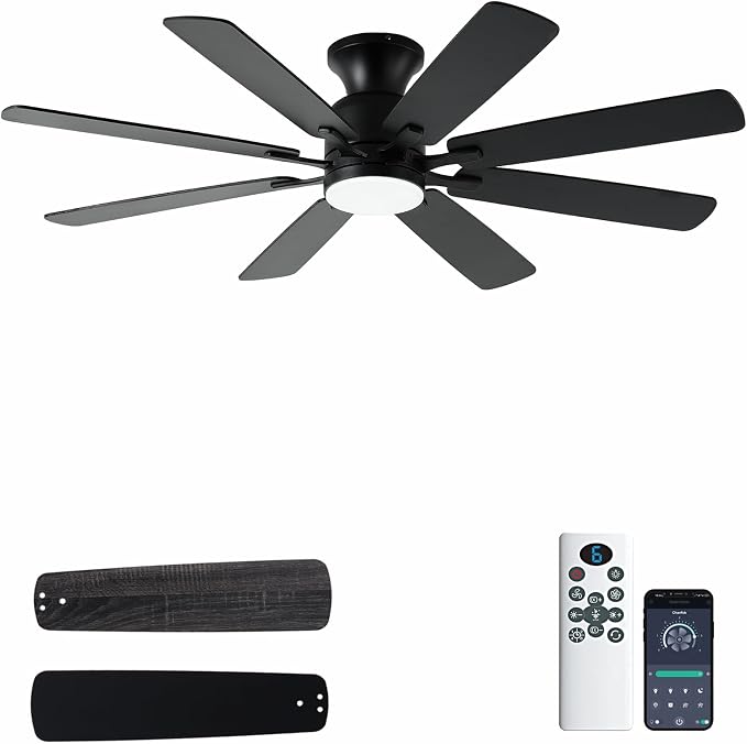 KNUN 52 Inch Ceiling Fan with Light,Low profile Ceiling Fans with Remote Control or App Control, 8 Blades, Noiseless, DC Motor, Flush Mount Ceiling Fan for Bedroom,Living Room, Indoor/Outdoor Black