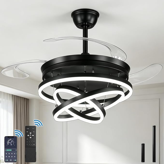 Retractable Ceiling Fans with Lights, 48" Fandelier Ceiling Fan with Light and Remote, Reversible, 3 CCT, Dimmable, Modern Chandelier Ceiling Fan for Bedroom, Living Room, Dining Room (Black)