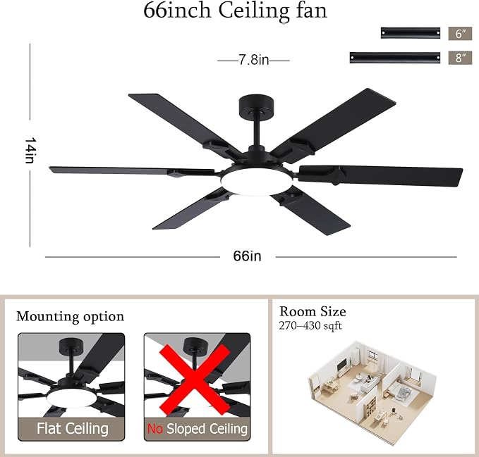 NKPU 66 Inch Large Ceiling Fans with Lights and Remote, Black Modern Indoor/Outdoor Ceiling Fan for Living Room Kitchen Patio, 6 Speed Reversible DC Motor, 3 CCT Lighting, Dual Finish 6 Blades