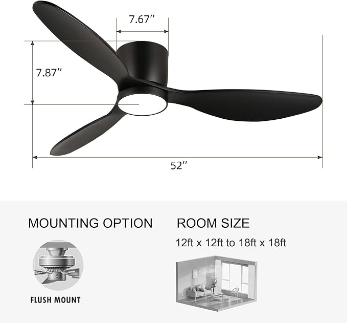 reiga 52" Low Profile Black Wood Ceiling Fan with Light, Quiet DC Fan | 3 solid wood blade, dimmable 3CCT LED light; remote timer control, flush mount for bedroom, dining & living room