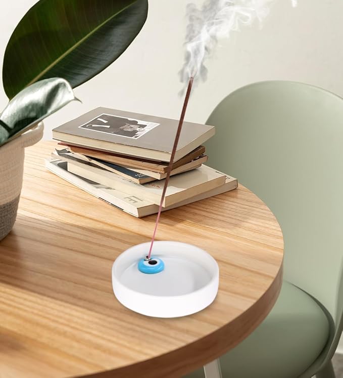 Sermo Evil Eye Ceramic Incense Holder Burner (White with Blue Evil Eye)