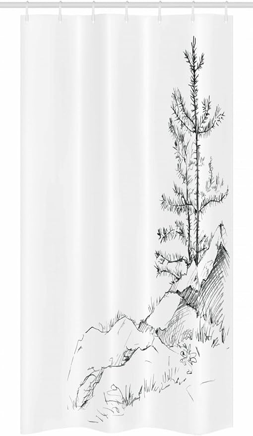 Ambesonne Sketchy Stall Shower Curtain, Young Thin Pine Trees on Rocks Ecology Forest Park Habitat Landscape Sketch Print, Fabric Bathroom Decor Set with Hooks, 36" W x 72" L, White Charcoal