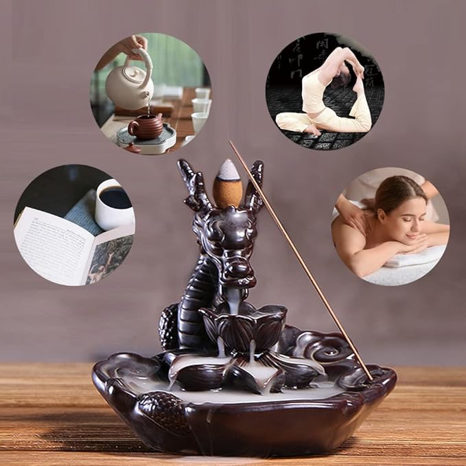 Dragon Incense Waterfall Burner Ceramic Backflow Incense Holder Set with Incense Cones and Incense Sticks, Dragon Ornament for Home Décor