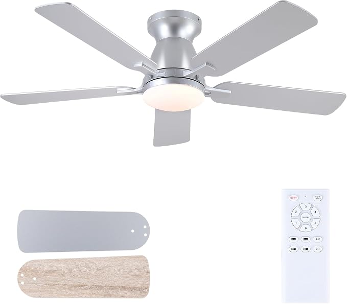 Mpayel 46 Inch Ceiling Fans with Lights and Remote, Silver Ceiling Fan with Light Flush Mount, Low Noise, Reversible, Dimmable, Modern Low Profile Ceiling Fan with Light for Bedroom Indoor Outdoor