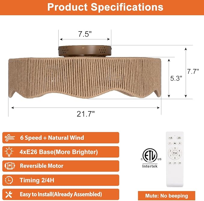 SHLUCE 22" Boho Flush Mount Caged Ceiling Fans with Lights, Rustic Rattan Low Profile Ceiling Fans with Lights and Remote, Bladeless Fandelier Ceiling Fan with Light for Kitchen, Bedroom - ETL