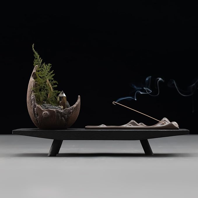 Moonlit Mountains Décor Set – Zisha Crescent Planter, Dehua Mountain Incense Holder, Paulownia Wood Tray, Citrine & Fern – Meditation, Feng Shui, Mindfulness Gift for Home & Office
