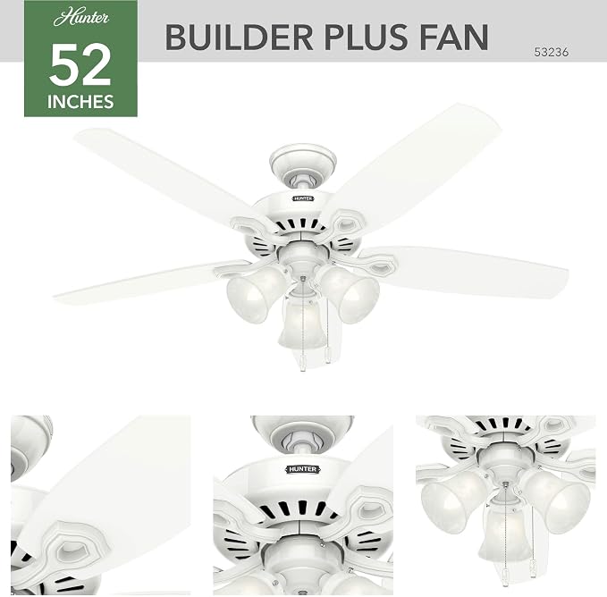 Hunter Builder Plus, Indoor, Ceiling Fan, Pull Chain, 52 inch, Snow White | with LED Lights, Standard Mount, 5 Blades, For Bedroom, Living Room, Includes Bulbs, 53236