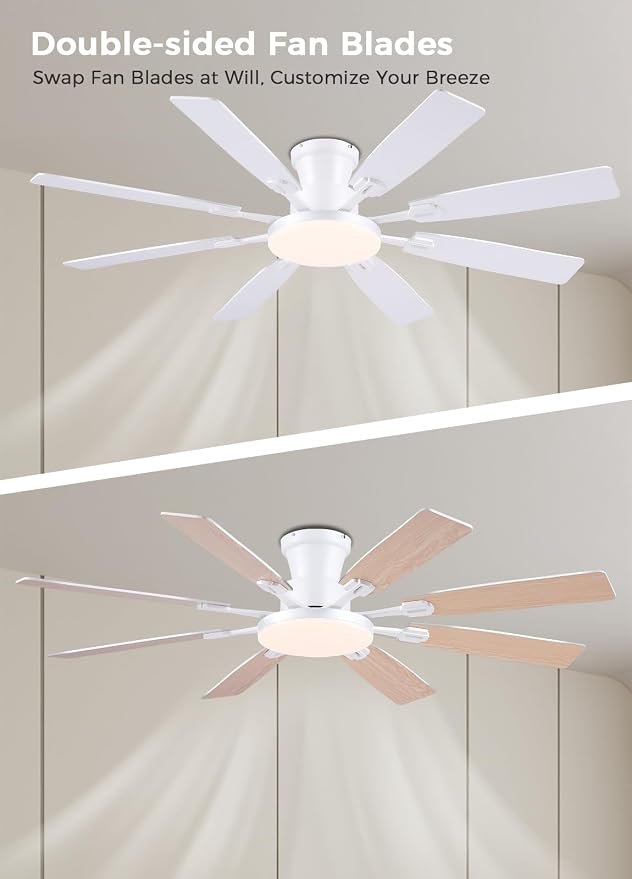 JSAITEE 60Inch Ceiling Fan with Lights, Large Low Profile Flush Mount,White | Ceiling Fans,DC Reversible Motor Noiseless, 3CCT Dimmable, Dual Finish, 6 Speeds Ceiling Fan for Indoor/Outdoor